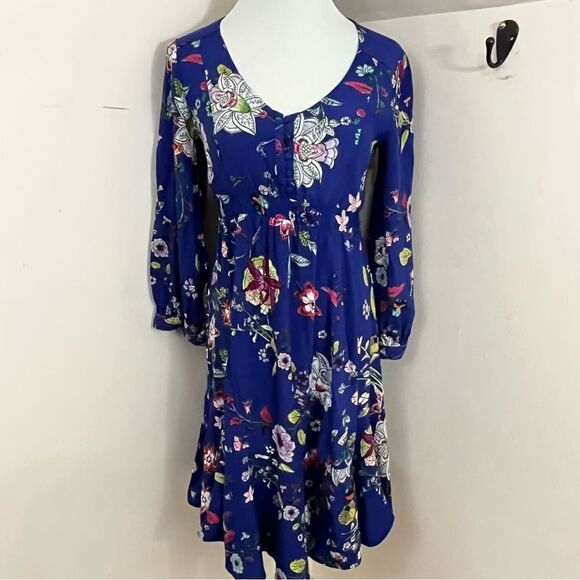 Anthropologie Maeve Purple Floral Long Sleeve Ruffle Hem Dress XS/S - Picture 3 of 10